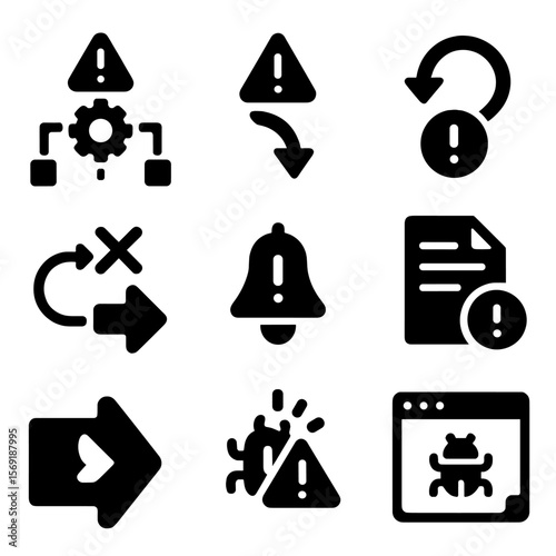 Error Handling Icons. Solid style icons of error handling: failed automation icon, fallback trigger, retry step, error log icon,
