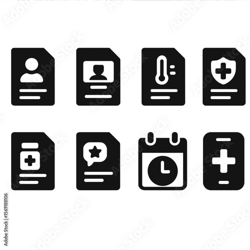 Telemedicine Icons Collection. Solid style icons of telemedicine logs: virtual visit note, video consult summary, digital symptoms