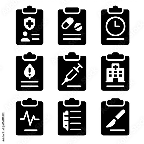 Medical History Icons. Solid style icons of patient history: previous diagnosis, treatment history, visit log, allergies record,