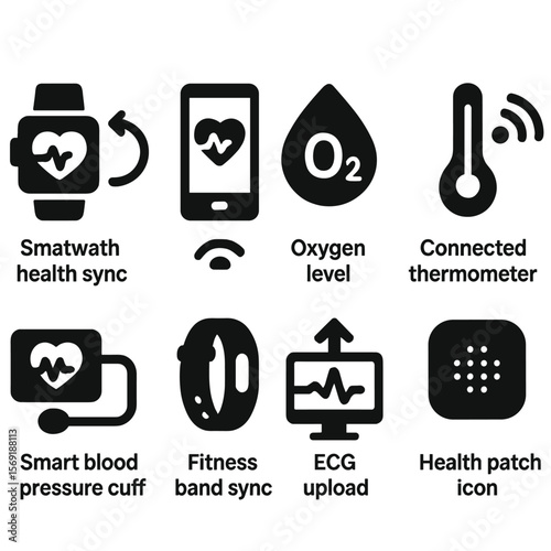 Wearable Health Icons. Solid style icons of wearable integration: smartwatch health sync, remote vitals tracker, oxygen level icon