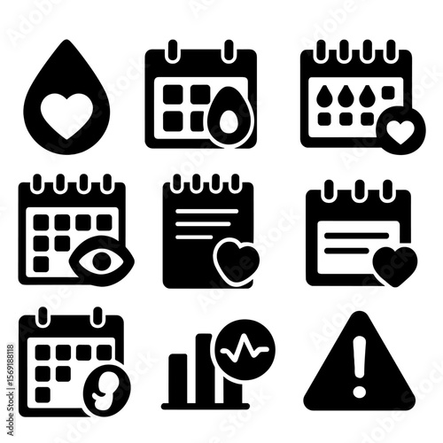 Women's Health Icons. Solid style icons of women’s health tracking: cycle tracker icon, ovulation log, period calendar, symptoms