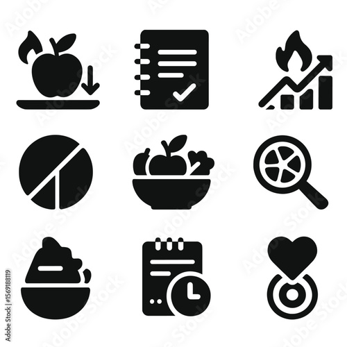 Calorie Icon Set. Solid style icons of calorie and nutrition: calories in vs out, food log icon, burned calories graph, nutrition
