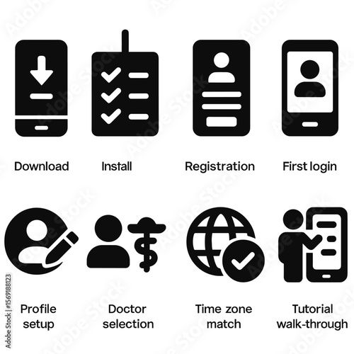 App Onboarding Icons. Solid style icons of onboarding and setup: download app icon, install steps, registration form, first login
