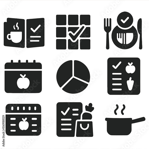 Meal Planning Icons. Solid style icons of meal planning: breakfast plan, lunch grid, dinner tracker, snack schedule, weekly meal