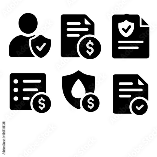 Insurance Icons Collection. Solid style icons of insurance and billing: insured status icon, billing statement, claim record,