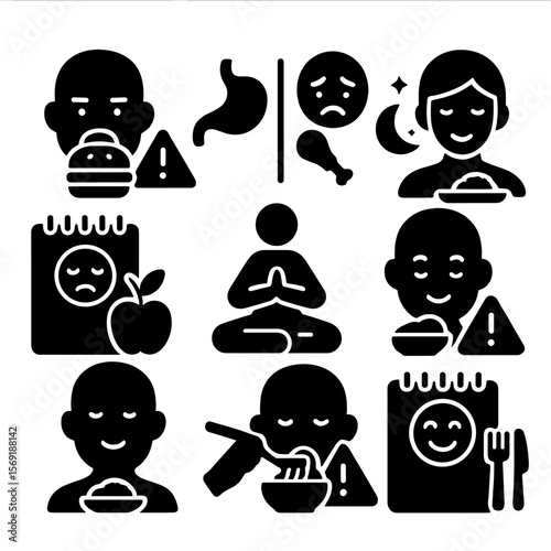 Emotional Eating Icons. Solid style icons of emotional eating: stress eating alert, hunger vs emotion icon, late-night snack