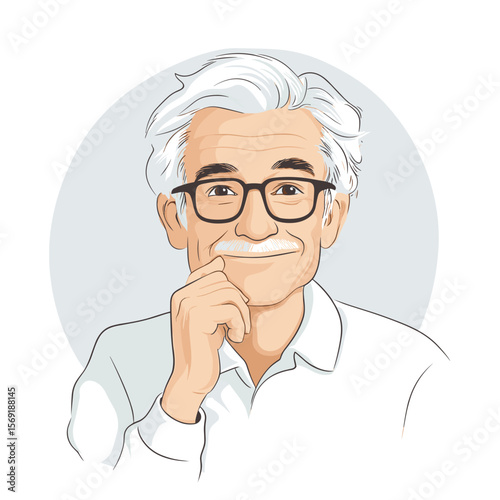 Mature man with glasses thoughtful smile white background illustration