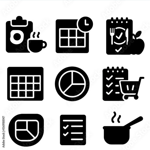 Meal Planning Icons. Solid style icons of meal planning: breakfast plan, lunch grid, dinner tracker, snack schedule, weekly meal