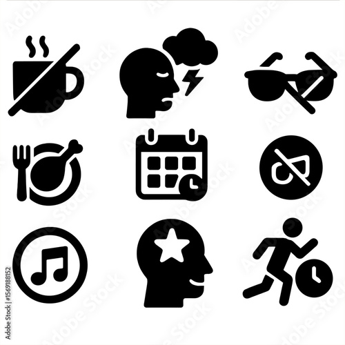 Sleep Quality Icons. Solid style icons of sleep quality improvement: avoid caffeine icon, reduce stress before bed, regular