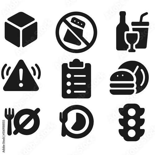 Diet Restriction Icons. Solid style icons of cravings and restrictions: no sugar icon, salt limit badge, avoid alcohol icon, fast