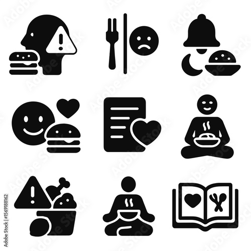 Emotional Eating Icons. Solid style icons of emotional eating: stress eating alert, hunger vs emotion icon, late-night snack