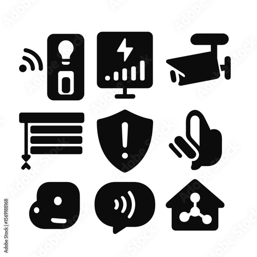 Smart Home Icon Set. Solid style icons of smart home automation: remote light switch, energy consumption tracker, surveillance