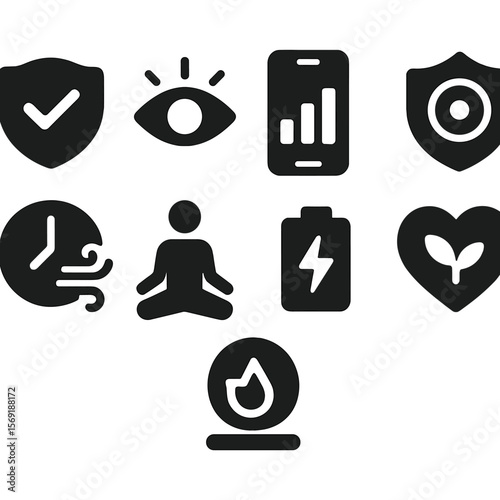 Wellness Tracker Icons. Solid style icons of digital wellness trackers: calm mode toggle badge, blue light filter symbol, app