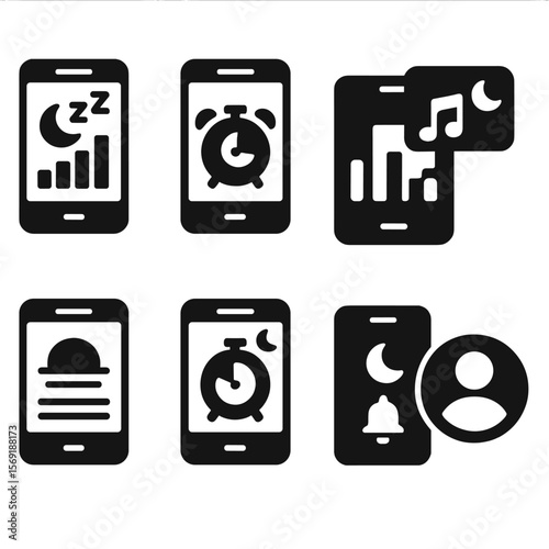 Mobile Sleep App Icons. Solid style icons of mobile sleep app: sleep dashboard, bedtime alarm setting, soothing sounds player, app