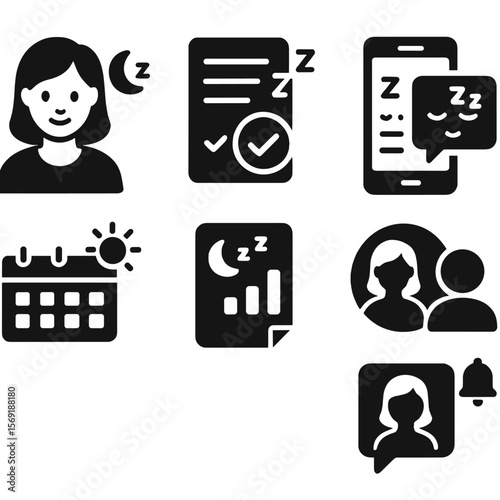 Sleep Coaching Icons. Solid style icons of sleep coaching: sleep coach avatar, personalized sleep plan, feedback screen, app-based
