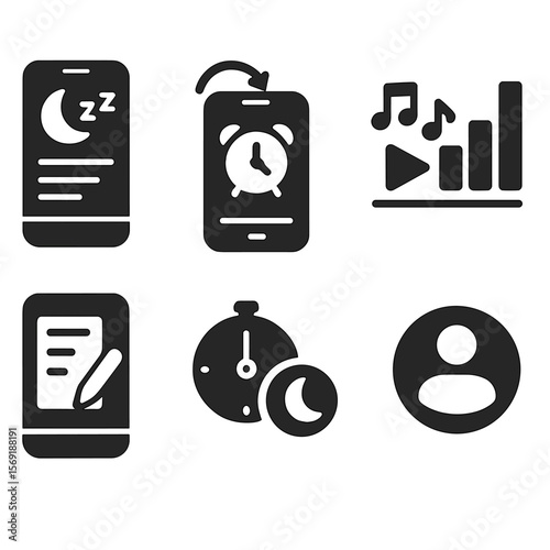 Mobile Sleep App Icons. Solid style icons of mobile sleep app: sleep dashboard, bedtime alarm setting, soothing sounds player, app