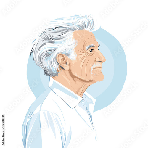 Mature man with white hair calm profile view white background illustration