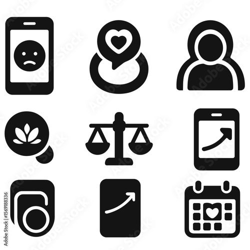 Digital Mental Health Icons. Solid style icons of digital mental health support: mood check-in app, digital therapy ring, user