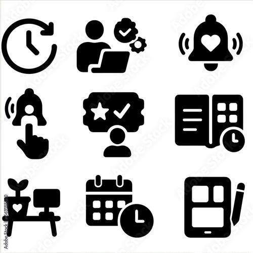 Hybrid Work Icons. Solid style icons of hybrid work life balance: flexible working hours, remote task management, family focus