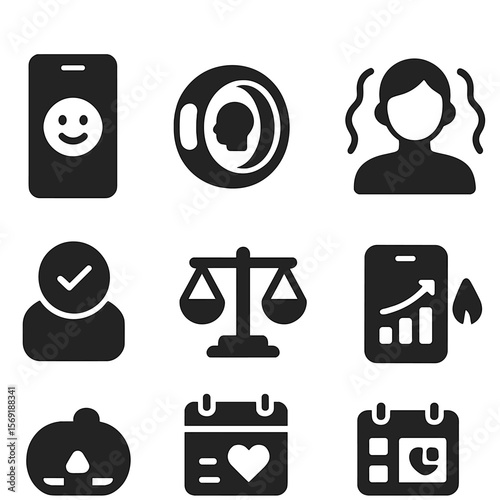 Digital Mental Health Icons. Solid style icons of digital mental health support: mood check-in app, digital therapy ring, user