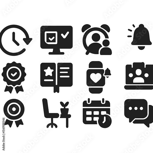 Hybrid Work Icons. Solid style icons of hybrid work life balance: flexible working hours, remote task management, family focus