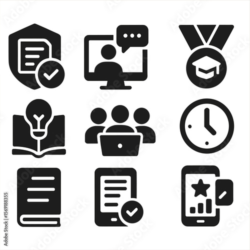 Icons of Learning Journeys. Solid style icons of personalized learning journeys: content adjustment badge, webinar participation