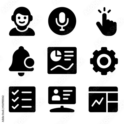 Productivity Interface Icons. Solid style icons of next-gen productivity interfaces: AI assistant avatar, voice command button,