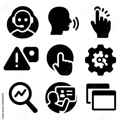 Next-Gen Productivity Icons. Solid style icons of next-gen productivity interfaces: AI avatar with headset badge, voice activation