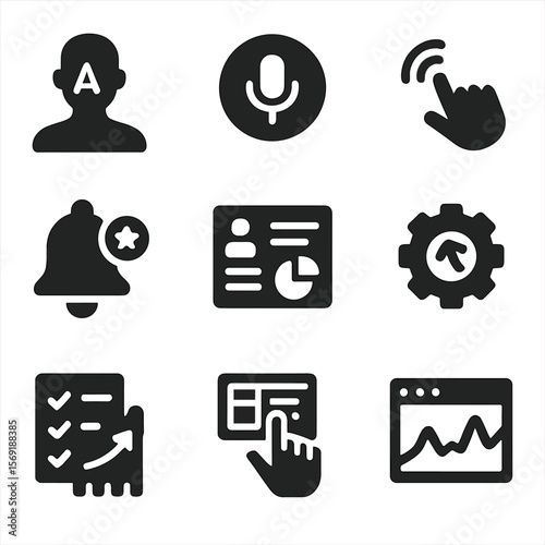 Productivity Interface Icons. Solid style icons of next-gen productivity interfaces: AI assistant avatar, voice command button,