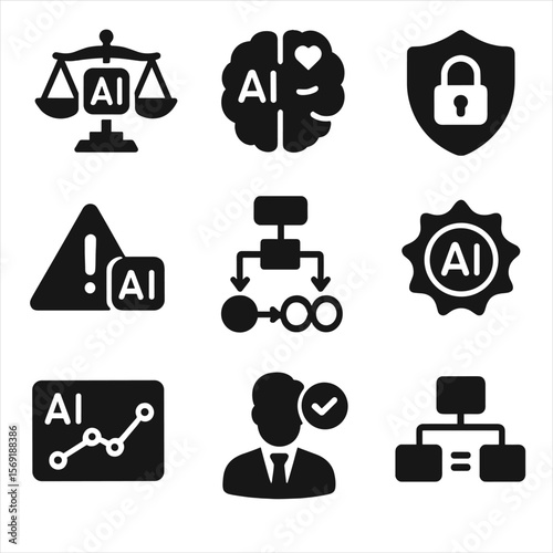 AI Ethics Icons. Solid vector icons of AI ethics and regulation: balanced AI scale, ethical AI brain, data privacy shield, bias