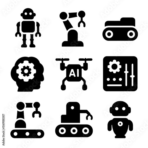 Robotics and Automation Icons. Solid vector icons of robotics and automation: humanoid robot icon, robotic arm silhouette,