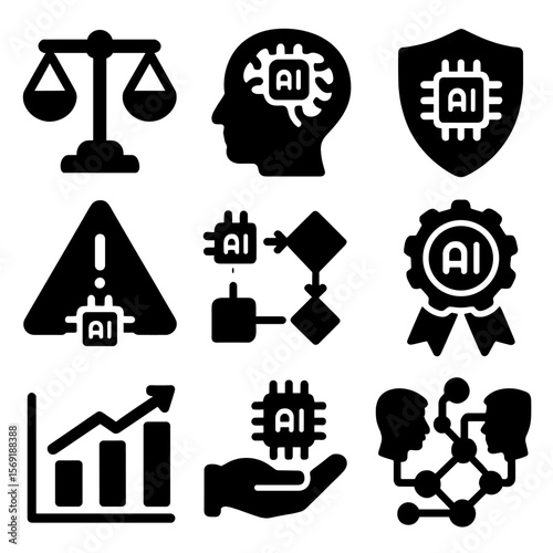 AI Ethics Icons. Solid vector icons of AI ethics and regulation: balanced AI scale, ethical AI brain, data privacy shield, bias