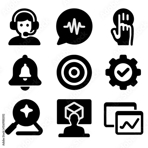 Next-Gen Productivity Icons. Solid style icons of next-gen productivity interfaces: AI avatar with headset badge, voice activation