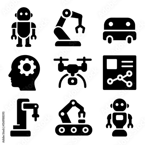 Robotics and Automation Icons. Solid vector icons of robotics and automation: humanoid robot icon, robotic arm silhouette,