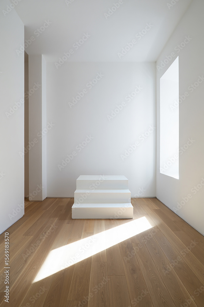 Fototapeta premium Minimalist white room with wooden floor and sunlit steps