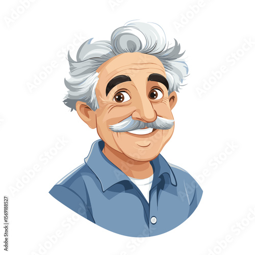 Cheerful mature man with mustache smiling white background illustration