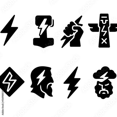 Mythical Lightning Icons. Solid vector icons of myth and culture: Zeus bolt icon, Norse lightning hammer, god hand with bolt,