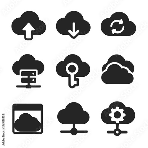 Cloud Function Icons. Solid vector icons of cloud-based functions: cloud upload and download, cloud with sync arrows, distributed