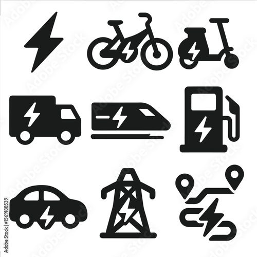 Transportation Energy Icons. Solid vector icons of transportation energy: EV charging bolt, e-bike flash icon, scooter with power
