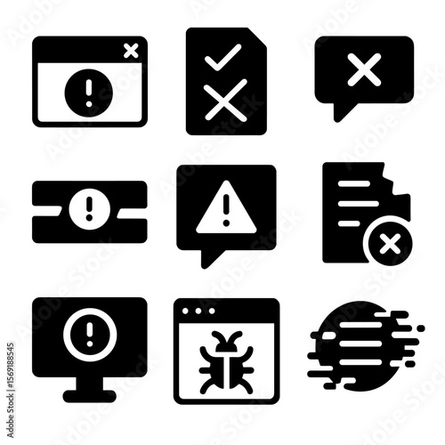 System Error Icons. Solid vector icons of system feedback errors: error popup icon, failed feedback log, rejected input message,