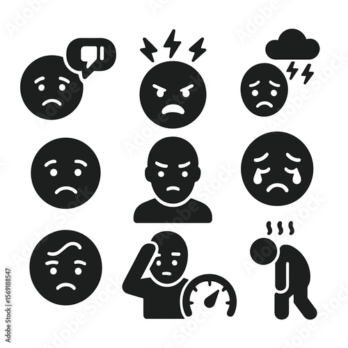 Emotional Reactions Icons. Solid vector icons of emotional reactions to criticism: sad customer face, angry reviewer icon,
