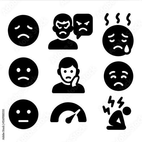 Emotional Reactions Icons. Solid vector icons of emotional reactions to criticism: sad customer face, angry reviewer icon,