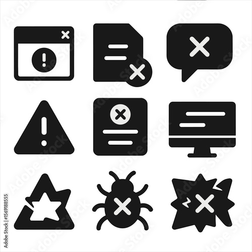 System Error Icons. Solid vector icons of system feedback errors: error popup icon, failed feedback log, rejected input message,