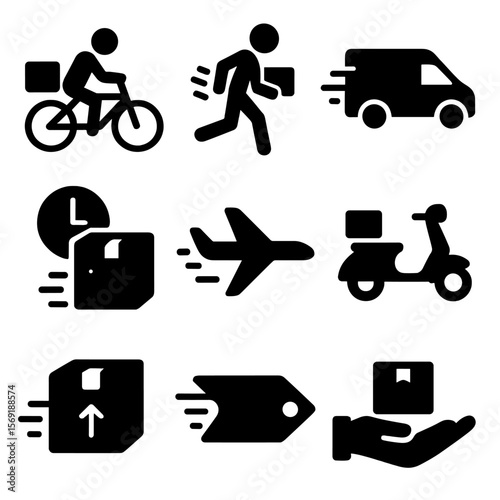 Express Delivery Icons. Solid vector icons of courier and express delivery: bike courier icon, foot delivery person, van with