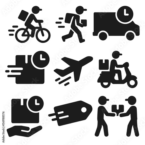 Express Delivery Icons. Solid vector icons of courier and express delivery: bike courier icon, foot delivery person, van with