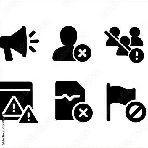 Abuse Report Icons. Solid vector icons of platform abuse reports: report abuse icon, blocked user feedback, community strike icon,