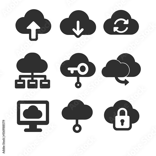 Cloud Function Icons. Solid vector icons of cloud-based functions: cloud upload and download, cloud with sync arrows, distributed