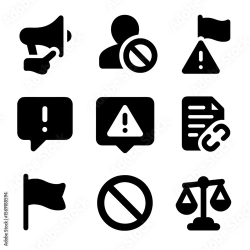 Abuse Report Icons. Solid vector icons of platform abuse reports: report abuse icon, blocked user feedback, community strike icon,