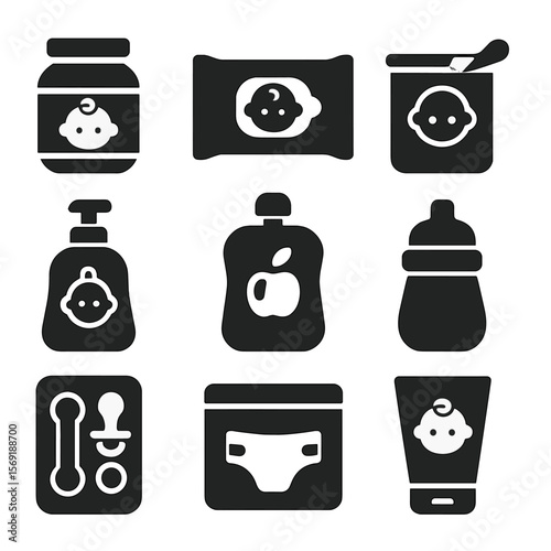 Baby Product Icons. Solid vector icons of baby product packaging: baby food jar icon, baby wipes pouch, infant formula container,
