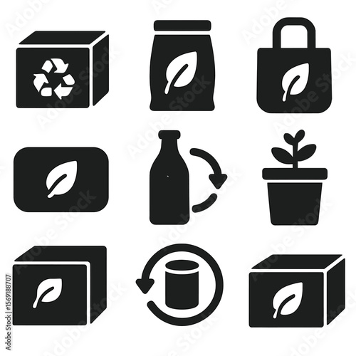Eco Packaging Icons. Solid vector icons of eco-friendly packaging: recycled paper box, biodegradable pouch, reusable fabric bag,